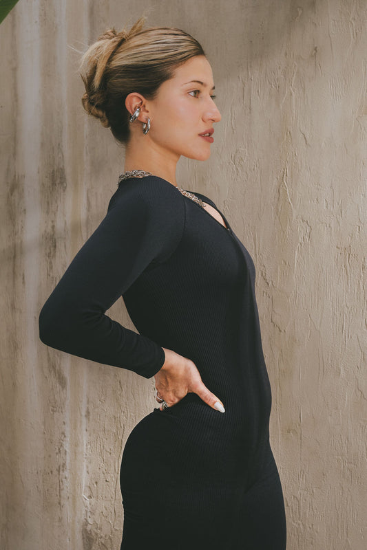 Essential Backless Long Sleeve Onesie – Black