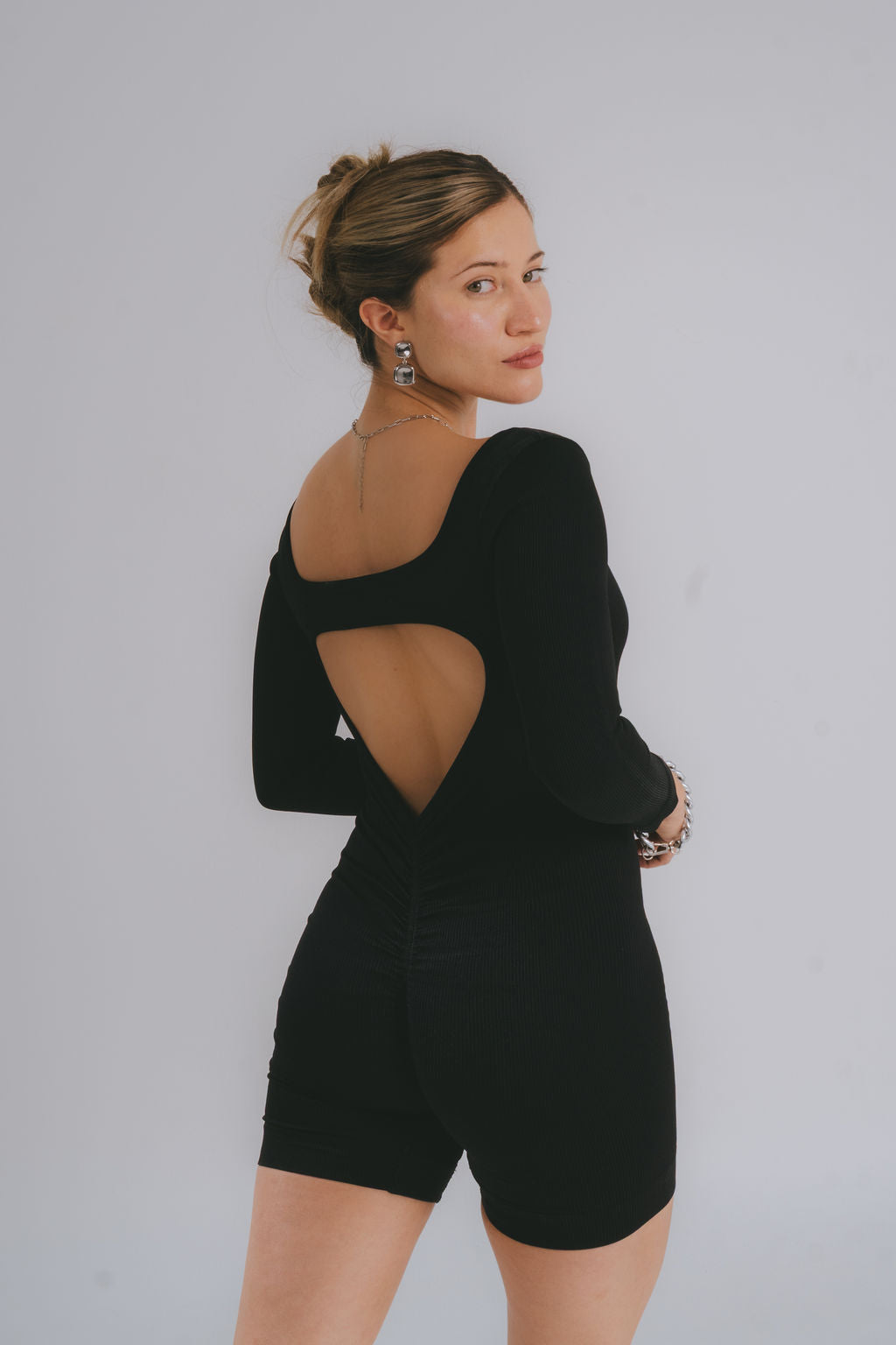 Essential Backless Long Sleeve Onesie – Black (Strap Detail)